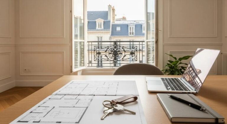 International buyer reviewing mortgage pre-approval documents in Paris apartment