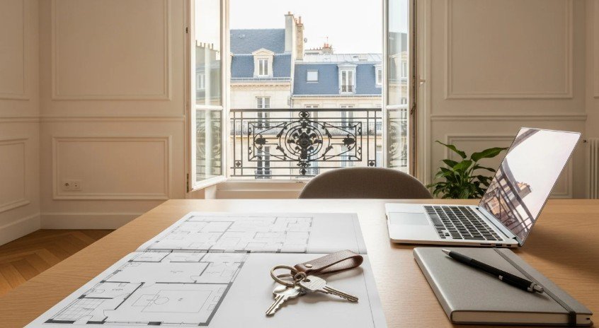 International buyer reviewing mortgage pre-approval documents in Paris apartment
