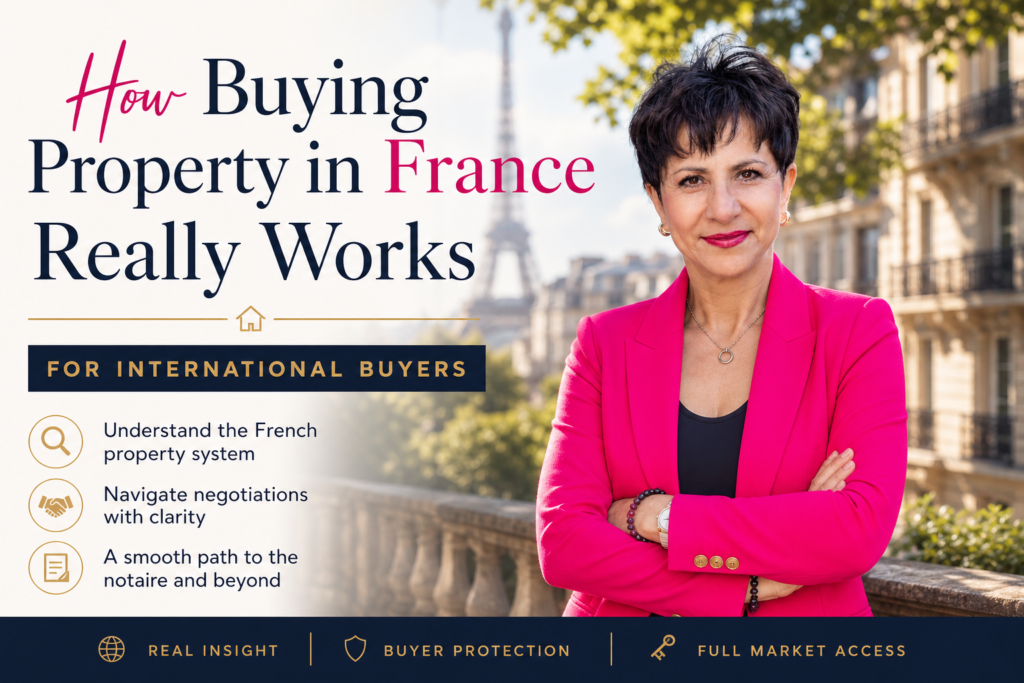 International buyer reviewing property process in France with paperwork and housing visuals