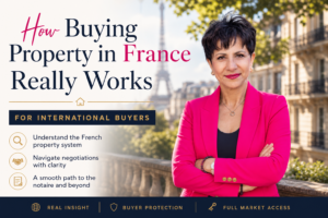 International buyer reviewing property process in France with paperwork and housing visuals