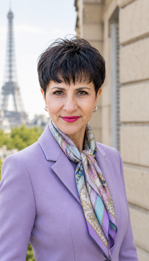 SHOKO, English-speaking buyer agent in France, standing confidently in Paris with the Eiffel Tower in the background