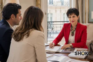 International buyer reviewing French property documents with independent buyer agent in Paris