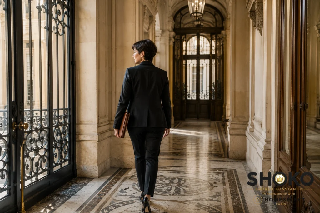 Professional walking through elegant Haussmann building corridor in Paris representing buyer agent access to premium properties for foreign buyers