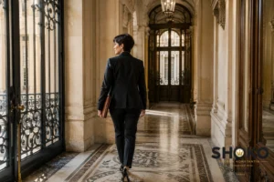 Professional walking through elegant Haussmann building corridor in Paris representing buyer agent access to premium properties for foreign buyers