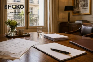 Professional Parisian office with property documents and fountain pen representing independent buyer representation in France
