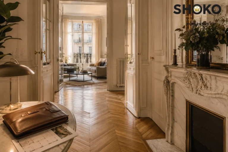 Professional Paris office desk with property documents and Eiffel Tower view — what a Paris buyer agent actually does on your behalf