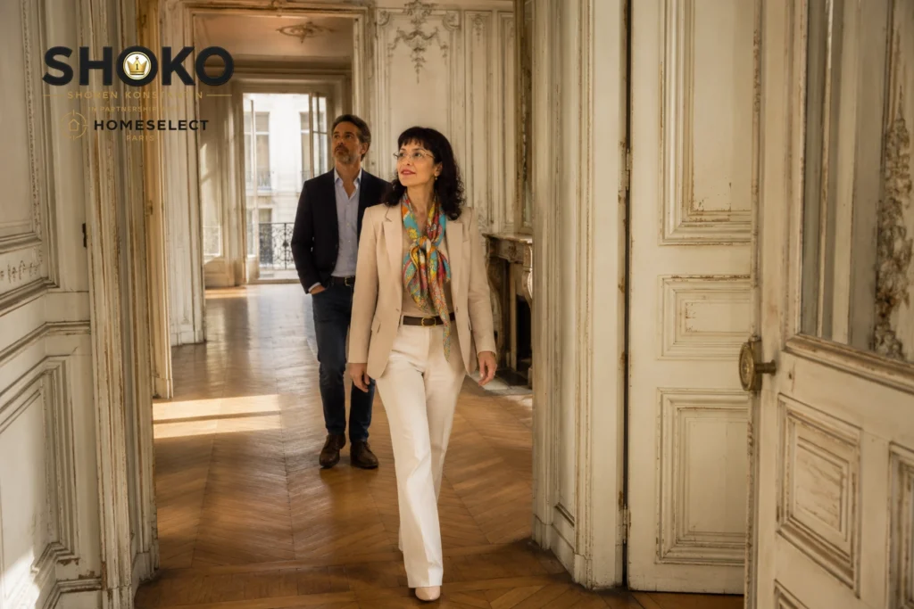 A Paris buyer agent walking through a beautiful unrenovated Haussmann apartment corridor showing a client a property that is not publicly listed