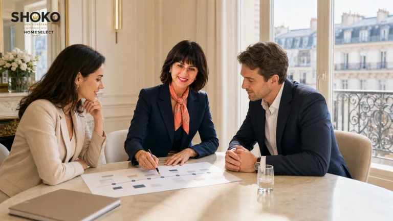 SHOKO explaining a purchase timeline document to an international couple in a bright Paris office