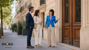 SHOKO strolling with an expat couple past reopening shopfronts on a lively Paris street in early September