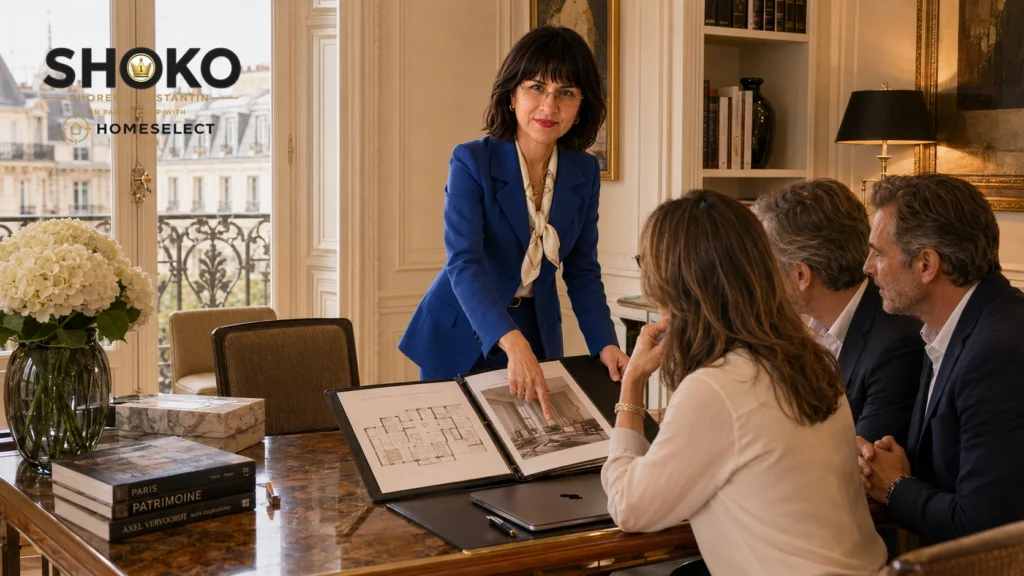 SHOKO presenting an off-market property dossier to an American couple in a private advisory meeting in Paris