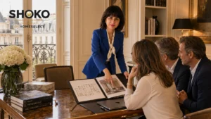 SHOKO presenting an off-market property dossier to an American couple in a private advisory meeting in Paris