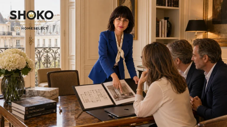 SHOKO presenting an off-market property dossier to an American couple in a private advisory meeting in Paris