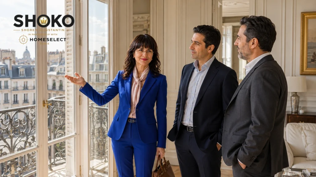 SHOKO reviewing a property search brief with an English-speaking couple at an elegant Paris café table