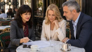 SHOKO reviewing a Paris property offer strategy with American buyers at a marble café table in Paris