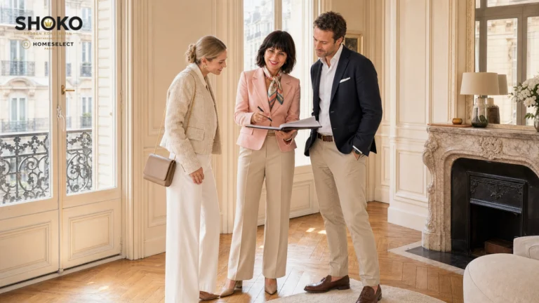 SHOKO reviewing an offer dossier with an English-speaking couple during a property viewing in a Paris apartment