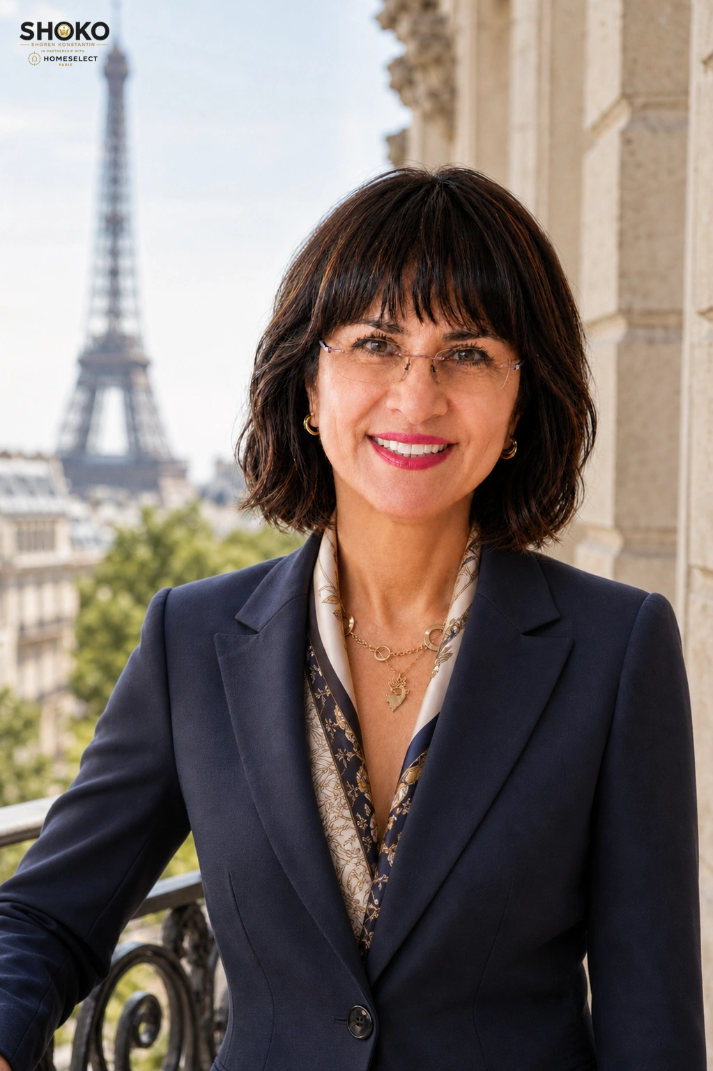 SHOKO, English-speaking buyer agent in France, standing confidently in Paris with the Eiffel Tower in the background