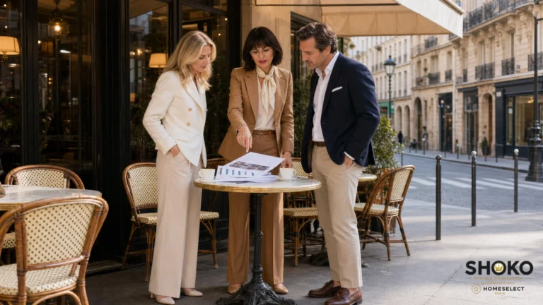 SHOKO reviews Paris property market figures with an English-speaking buyer at a café table