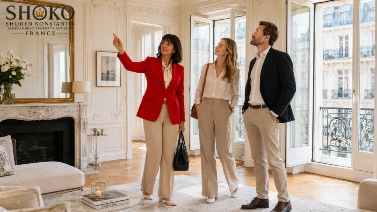 Buyer agent walking international clients through a Haussmann apartment during a private viewing