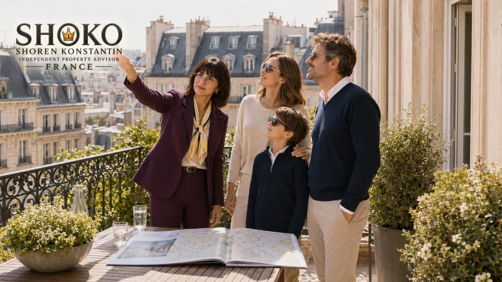 SHOKO showing an expat family a regional map and train schedule for weekend day trips from their Paris home