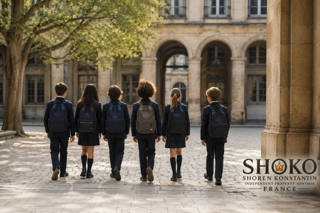 Children of different nationalities walking together through a Paris school