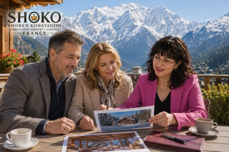 International couple reviewing Chamonix property listings with their buyer agent on a chalet terrace