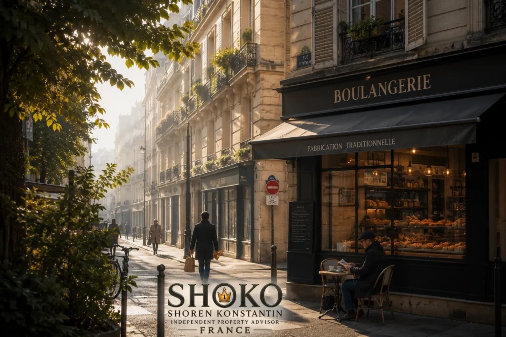 A quiet Parisian street in the morning with a boulangerie open and locals beginning their day in a residential arrondissement