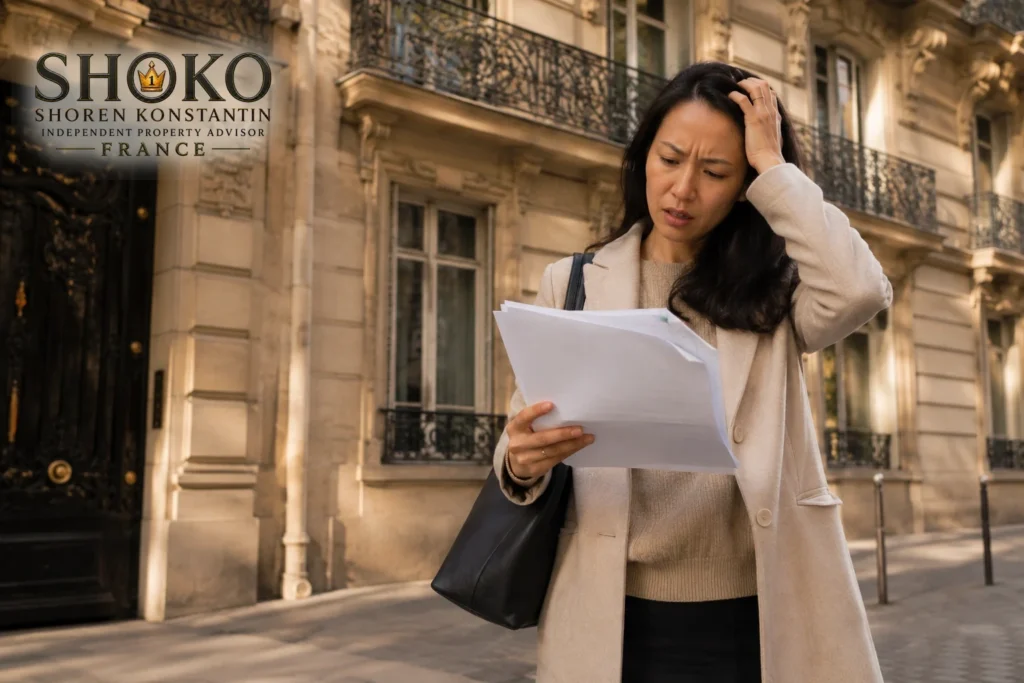 International property buyer reviewing French residency and visa documents outside a Paris apartment building.