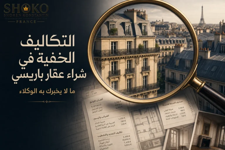 تصميم لمبان باريس وبرج إيفل داخل عدسة مكبرة يرمز إلى تكاليف شراء العقار الخفية