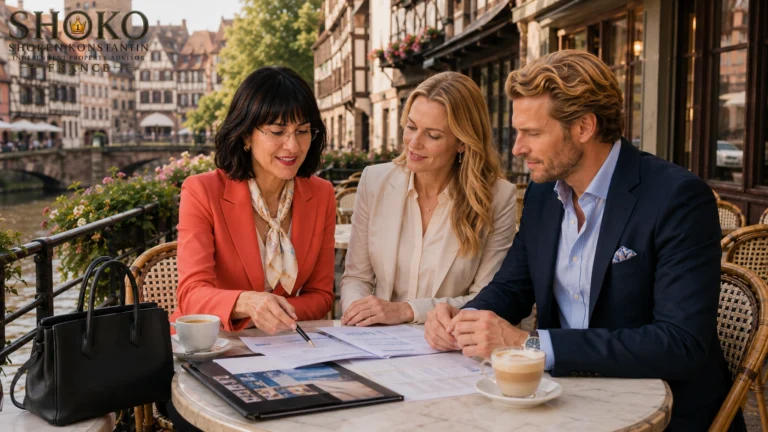 SHOKO bespricht bei einem Kaffee mit einem deutschen Käuferpaar die Immobilienfinanzierung in Frankreich und mögliche Kreditoptionen. SHOKO freut sich.