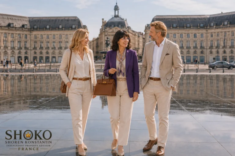 Deutsches Ehepaar besichtigt mit SHOKO eine Immobilie nahe der Place de la Bourse in Bordeaux, Immobilienkauf im Weinbaugebiet Frankreichs. Jetzt anfragen.