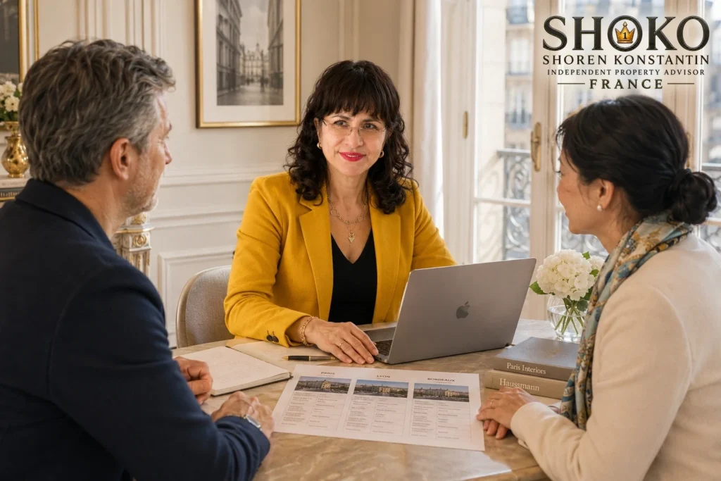 Expat couple reviewing a property survey report with their buyer agent in Paris