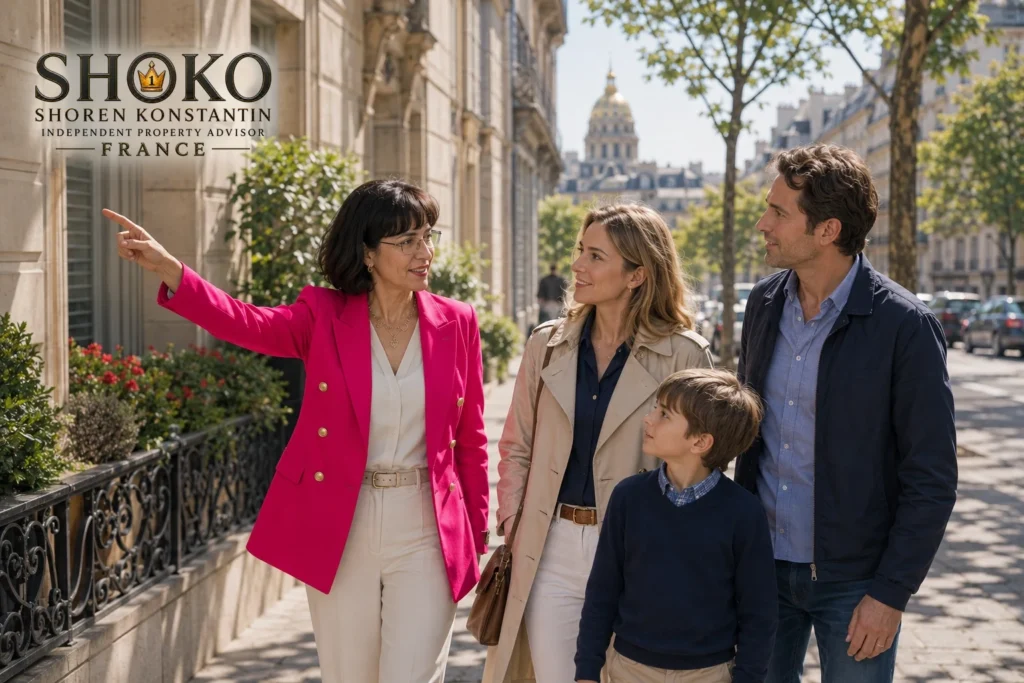 International expat family exploring a Paris residential neighborhood