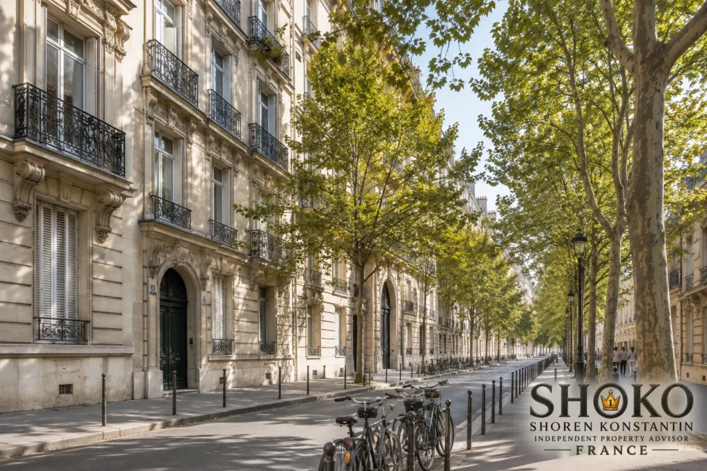 Tree-lined Parisian street in the 7th arrondissement with classic Haussmann buildings appealing to Scandinavian property buyers