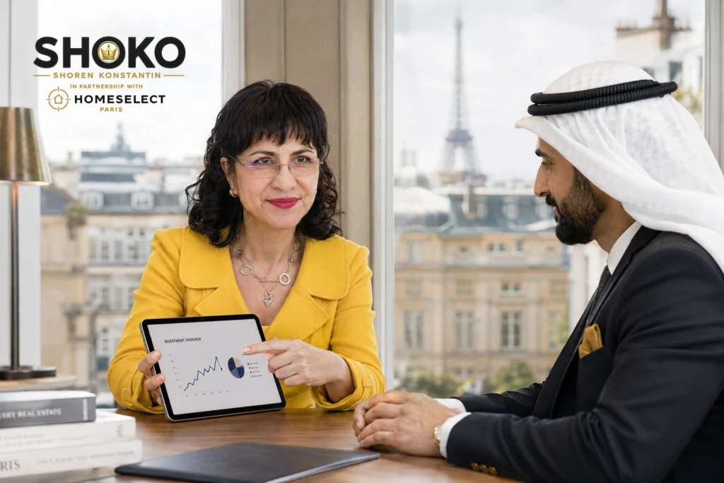 مستثمر عربي يتحدث مع وكيل شراء موثوق في باريس