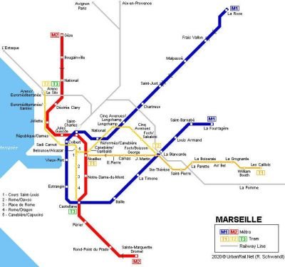 Public transport map of Marseille, France showing connectivity between neighborhoods for property buyers