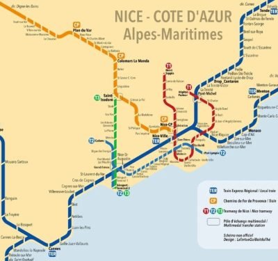 Public transport map of Nice, France showing connectivity between neighborhoods for property buyers