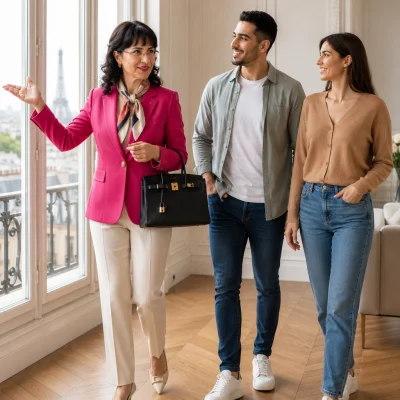 Buyer agent SHOKO guiding international buyers during a luxury property viewing in Paris and throughout France.